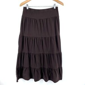 Basic Editions Boho Midi Skirt M Cotton Blend Knit Brown Pull On Tiered Peasant